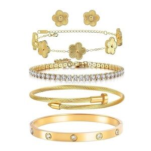 FREINIT 18K Gold Plated Bracelet Earring Set Nail Flower Clover Tennis CZ